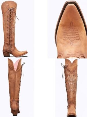 Western Over-the-Knee Embroidered Lace-Up Cowboy Boots - Image 7