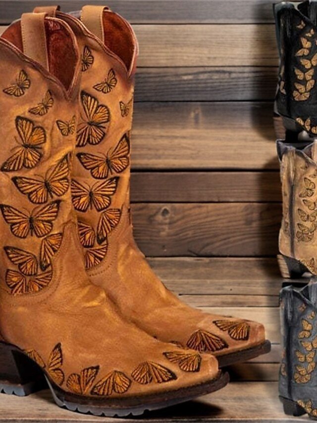 Western Stacked Heel Butterfly Embroidery Boots - Image 1