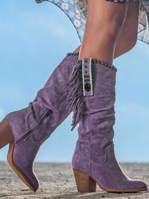 Western Suede Beaded Knee High Fringe Boots - Image 4