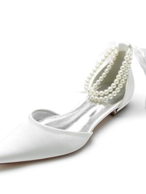 White Satin Flat Wedding Shoes with Pointed Toe Pearl Chain Ankle Strap Ribbon Detail - Image 1