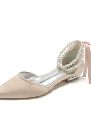 White Satin Flat Wedding Shoes with Pointed Toe Pearl Chain Ankle Strap Ribbon Detail - Image 10