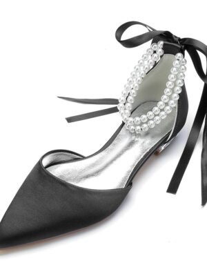 White Satin Flat Wedding Shoes with Pointed Toe Pearl Chain Ankle Strap Ribbon Detail - Image 11