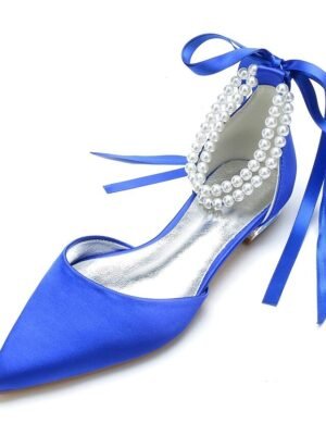 White Satin Flat Wedding Shoes with Pointed Toe Pearl Chain Ankle Strap Ribbon Detail - Image 12