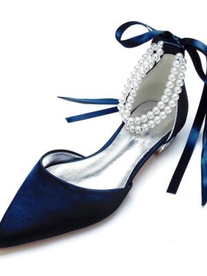White Satin Flat Wedding Shoes with Pointed Toe Pearl Chain Ankle Strap Ribbon Detail - Image 13