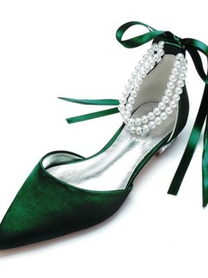 White Satin Flat Wedding Shoes with Pointed Toe Pearl Chain Ankle Strap Ribbon Detail - Image 14