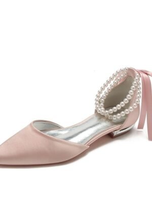 White Satin Flat Wedding Shoes with Pointed Toe Pearl Chain Ankle Strap Ribbon Detail - Image 15