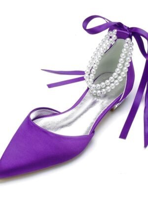 White Satin Flat Wedding Shoes with Pointed Toe Pearl Chain Ankle Strap Ribbon Detail - Image 16