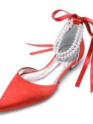 White Satin Flat Wedding Shoes with Pointed Toe Pearl Chain Ankle Strap Ribbon Detail - Image 17