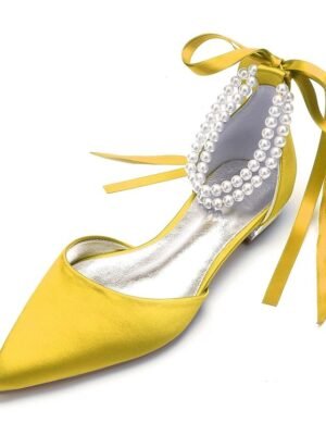 White Satin Flat Wedding Shoes with Pointed Toe Pearl Chain Ankle Strap Ribbon Detail - Image 18
