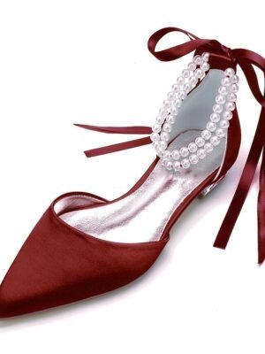 White Satin Flat Wedding Shoes with Pointed Toe Pearl Chain Ankle Strap Ribbon Detail - Image 19