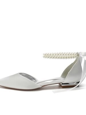 White Satin Flat Wedding Shoes with Pointed Toe Pearl Chain Ankle Strap Ribbon Detail - Image 2