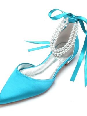 White Satin Flat Wedding Shoes with Pointed Toe Pearl Chain Ankle Strap Ribbon Detail - Image 20