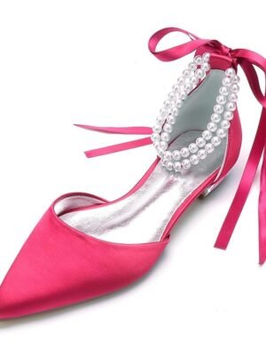 White Satin Flat Wedding Shoes with Pointed Toe Pearl Chain Ankle Strap Ribbon Detail - Image 21