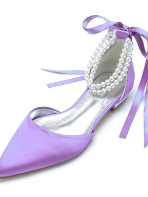 White Satin Flat Wedding Shoes with Pointed Toe Pearl Chain Ankle Strap Ribbon Detail - Image 22