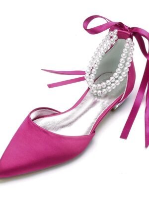White Satin Flat Wedding Shoes with Pointed Toe Pearl Chain Ankle Strap Ribbon Detail - Image 24