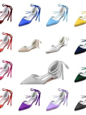 White Satin Flat Wedding Shoes with Pointed Toe Pearl Chain Ankle Strap Ribbon Detail - Image 25