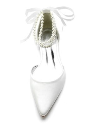 White Satin Flat Wedding Shoes with Pointed Toe Pearl Chain Ankle Strap Ribbon Detail - Image 3