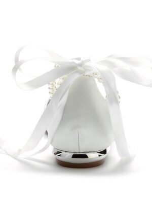 White Satin Flat Wedding Shoes with Pointed Toe Pearl Chain Ankle Strap Ribbon Detail - Image 4