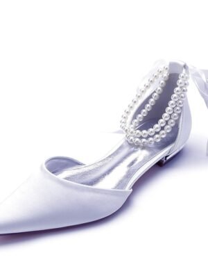 White Satin Flat Wedding Shoes with Pointed Toe Pearl Chain Ankle Strap Ribbon Detail - Image 5