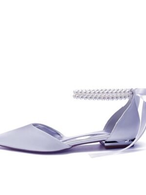 White Satin Flat Wedding Shoes with Pointed Toe Pearl Chain Ankle Strap Ribbon Detail - Image 6