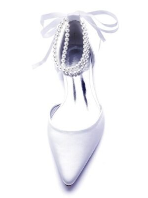 White Satin Flat Wedding Shoes with Pointed Toe Pearl Chain Ankle Strap Ribbon Detail - Image 7