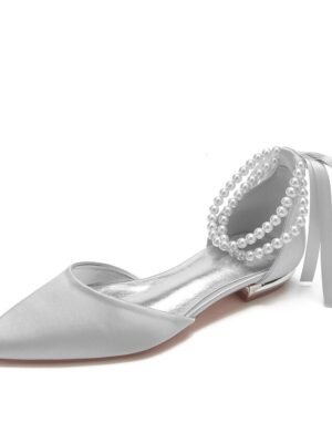 White Satin Flat Wedding Shoes with Pointed Toe Pearl Chain Ankle Strap Ribbon Detail - Image 9