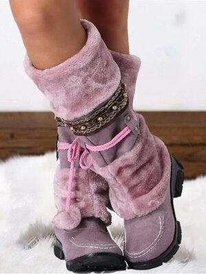 Winter Faux Fur Round Toe Chunky Heel Snow Boots - Image 13