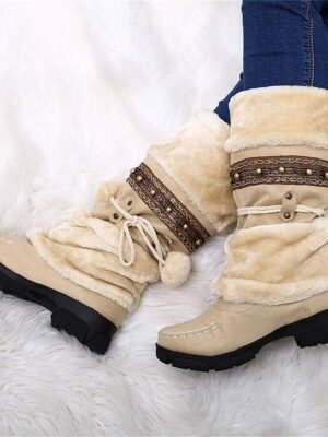 Winter Faux Fur Round Toe Chunky Heel Snow Boots - Image 5