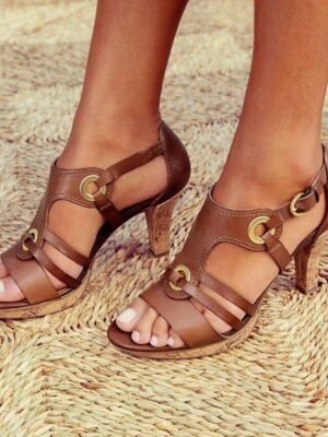 Women’s Strappy High Heel Sandals with Gold Ring Accents - Image 1
